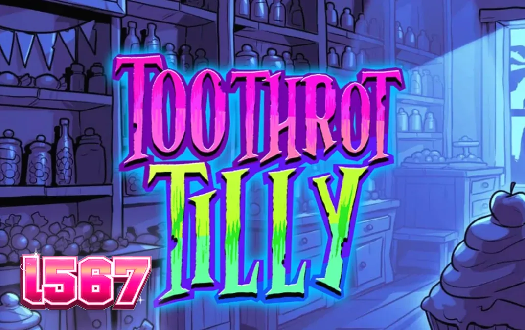 Tampilan visual slot Toothrot Tilly dengan tema permen dan pertempuran kartun